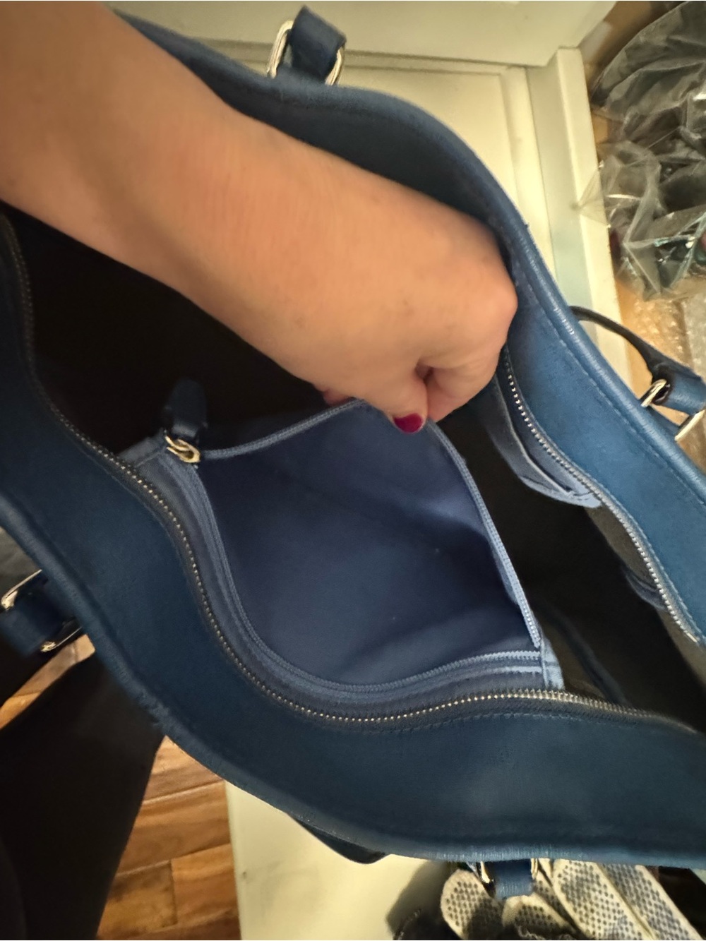 Women’s Coach Saffiano Leather Medium City Tote Silver Cobalt Blue Purse - Picture 14 of 16